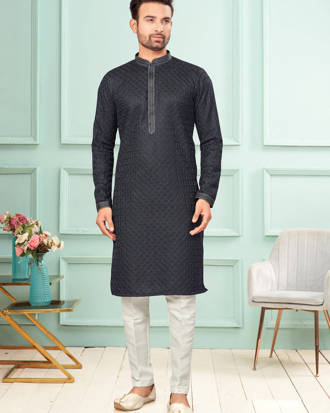 Black Jacquard Mens Kurta Pajama Set
