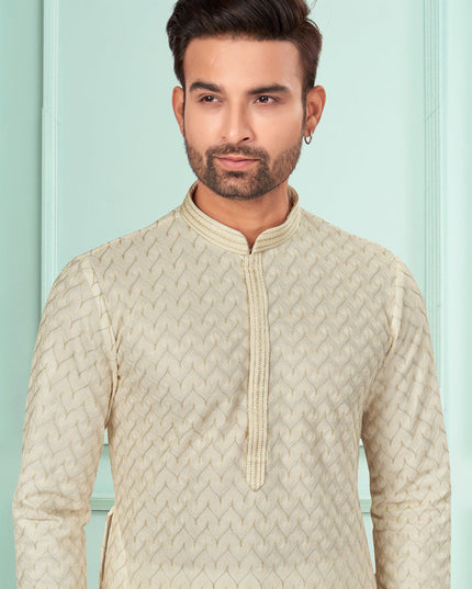 Cream Jacquard Mens Kurta Pajama Set