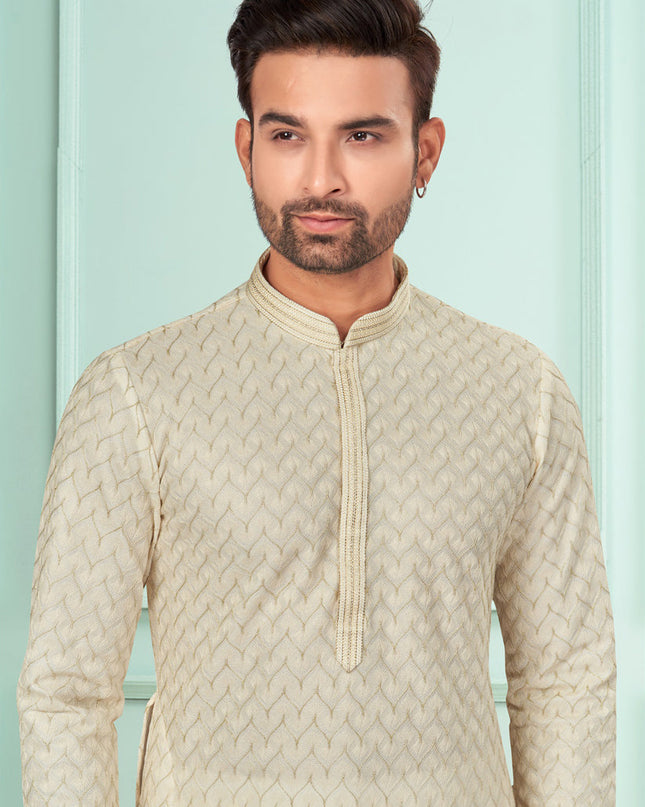 Cream Jacquard Mens Kurta Pajama Set