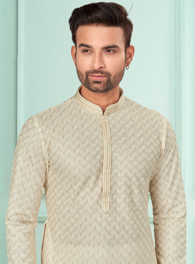 Cream Jacquard Mens Kurta Pajama Set