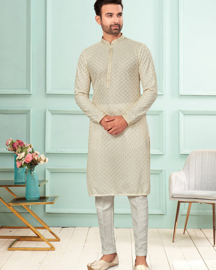 Cream Jacquard Mens Kurta Pajama Set