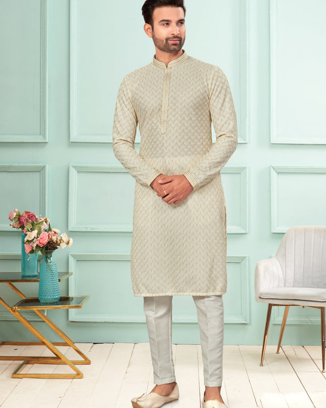 Cream Jacquard Mens Kurta Pajama Set