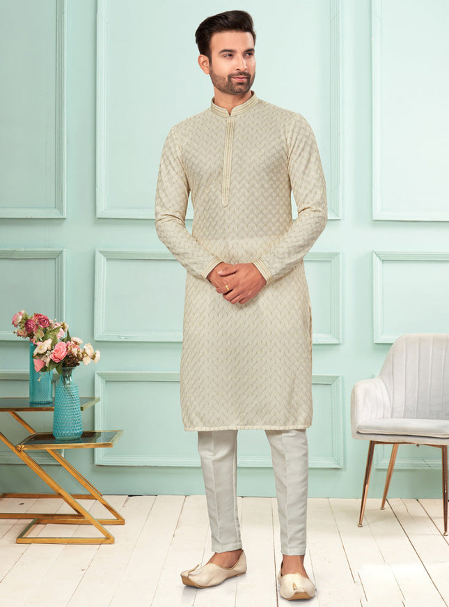 Cream Jacquard Mens Kurta Pajama Set