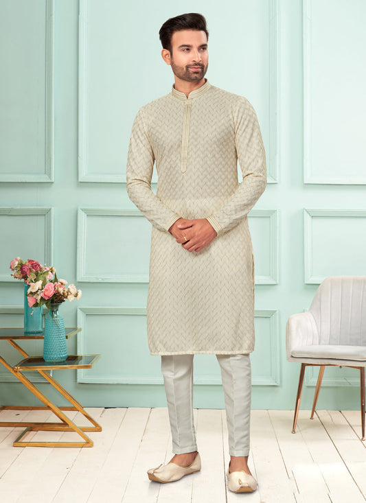 Cream Jacquard Mens Kurta Pajama Set
