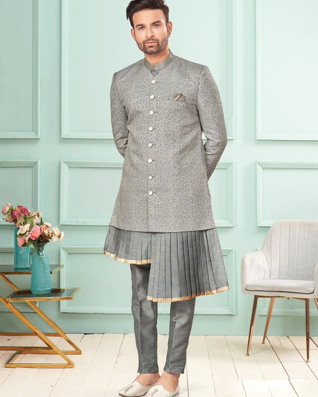 Grey Jacquard Mens Indo Western Suit