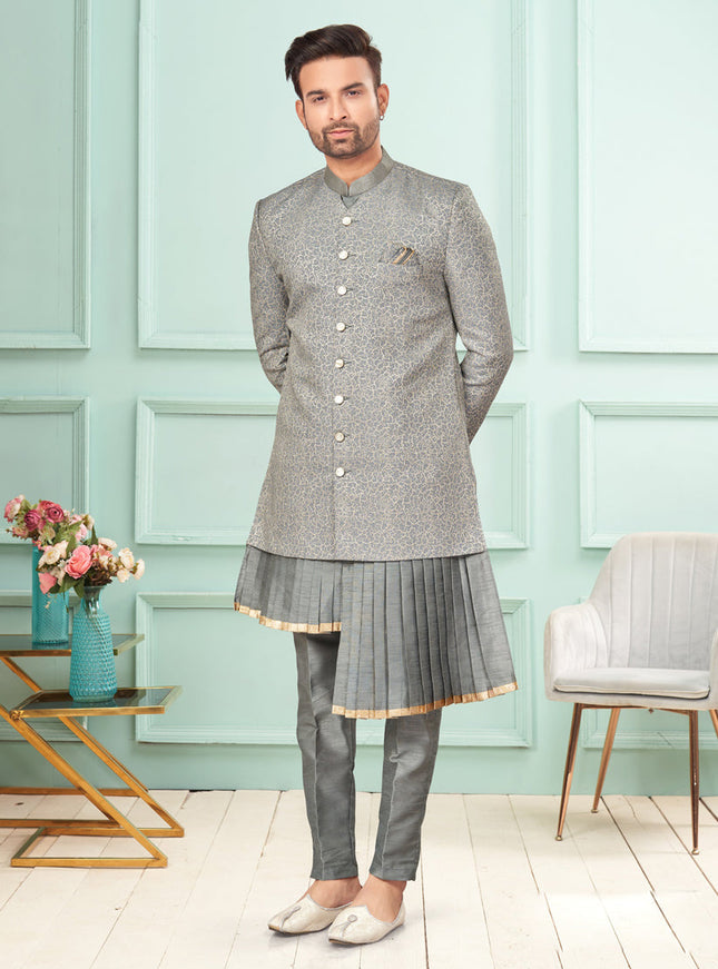Grey Jacquard Mens Indo Western Suit