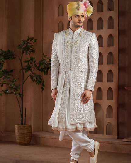 White Heavy Wedding Wear Designer Sherwani