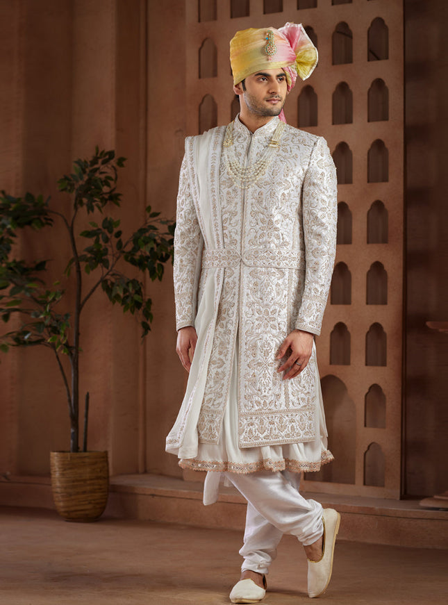 White Heavy Wedding Wear Designer Sherwani