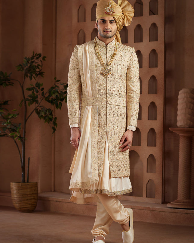 Beige Heavy Wedding Wear Designer Sherwani