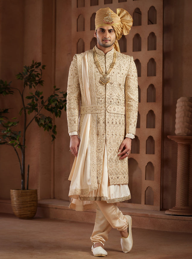 Beige Heavy Wedding Wear Designer Sherwani