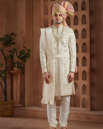 Cream Heavy Wedding Wear Designer Sherwani