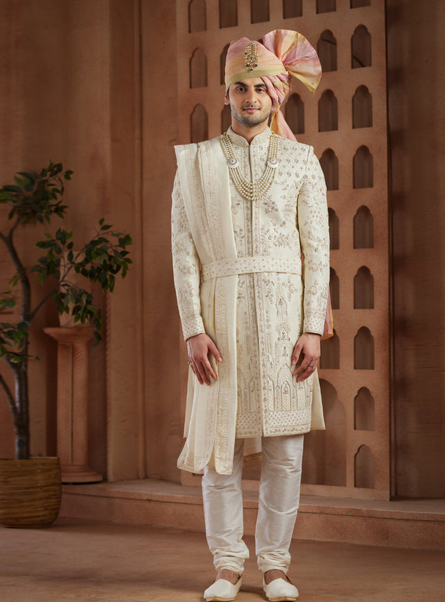 Cream Heavy Wedding Wear Designer Sherwani