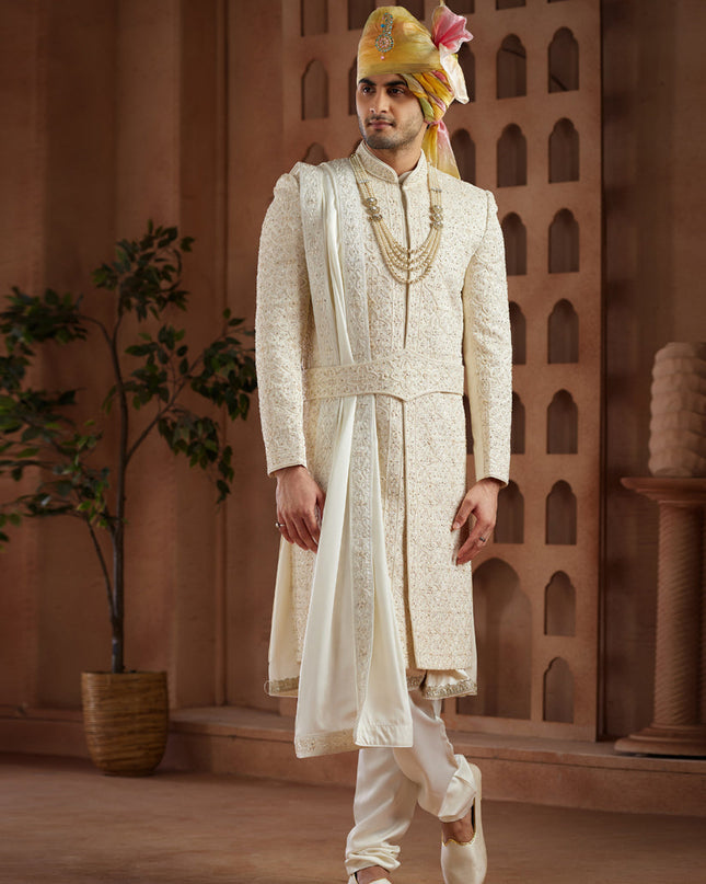 Cream Heavy Wedding Wear Designer Sherwani