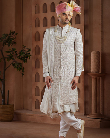 White Heavy Wedding Wear Designer Sherwani
