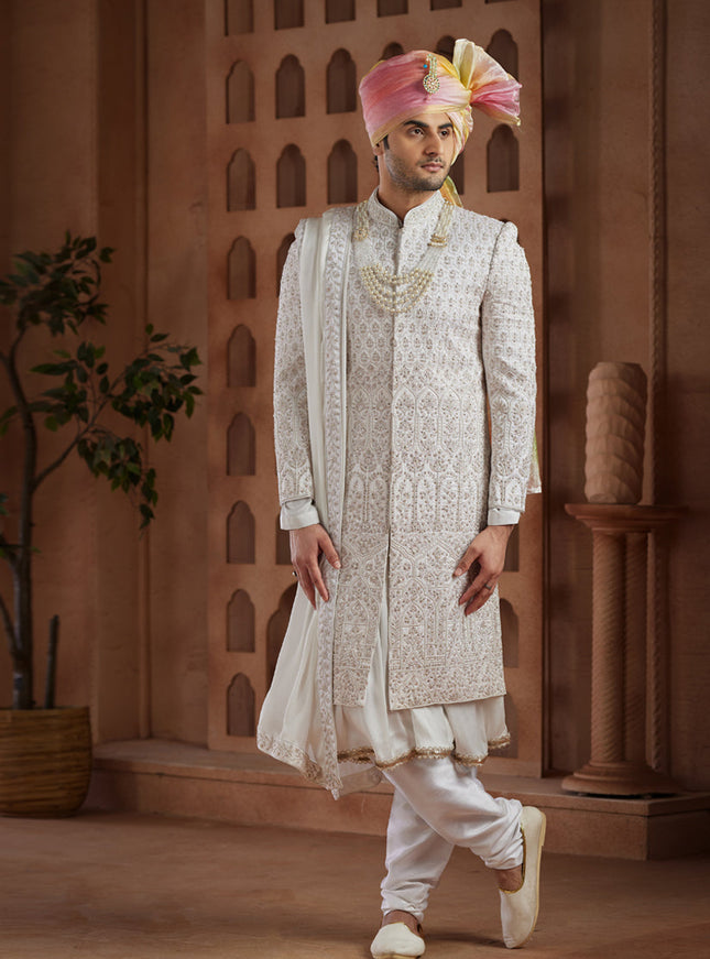 White Heavy Wedding Wear Designer Sherwani