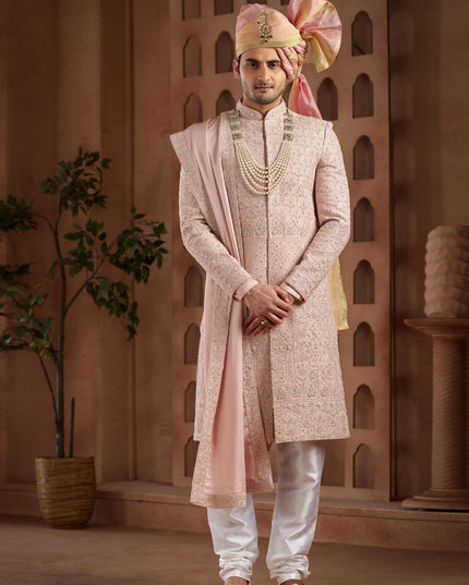 Onion Pink Heavy Wedding Wear Designer Sherwani