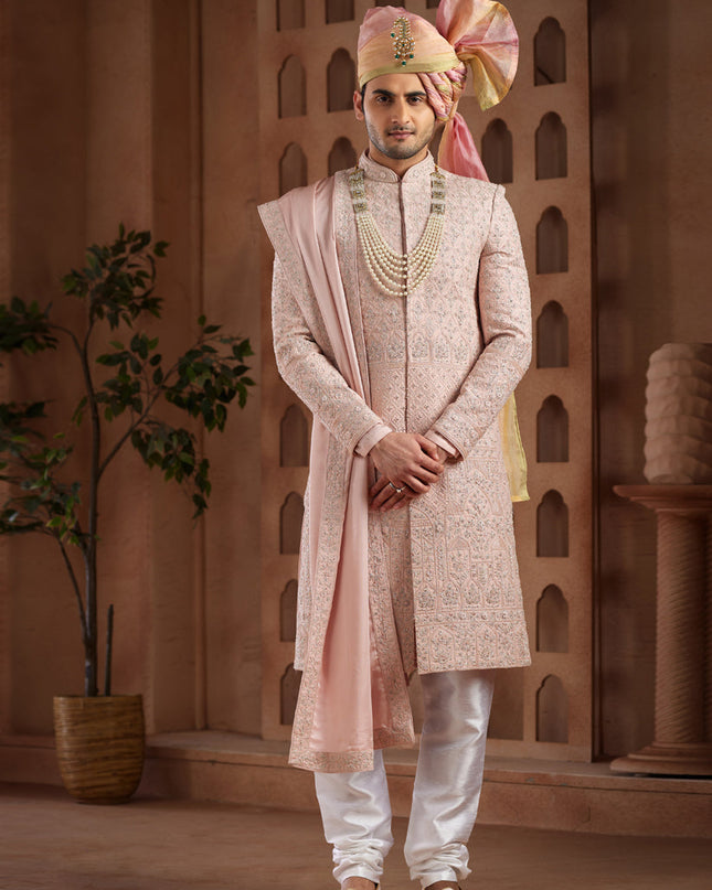 Onion Pink Heavy Wedding Wear Designer Sherwani