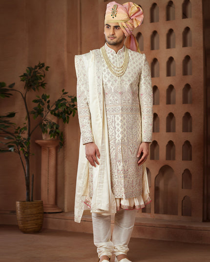 Cream Heavy Wedding Wear Designer Sherwani