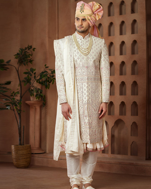 Cream Heavy Wedding Wear Designer Sherwani