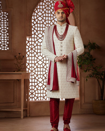 Cream Heavy Wedding Wear Designer Sherwani