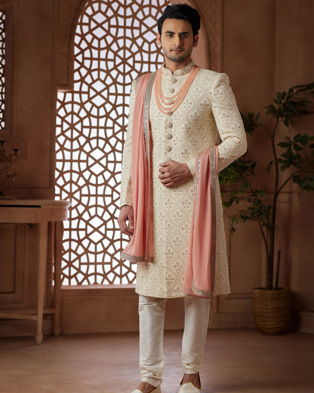 Cream Heavy Wedding Wear Designer Sherwani
