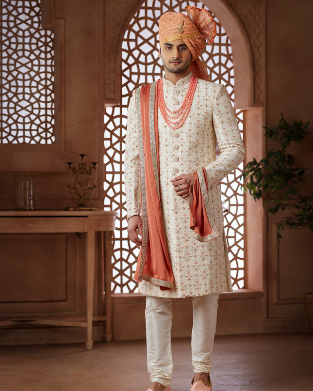 Cream Heavy Wedding Wear Designer Sherwani