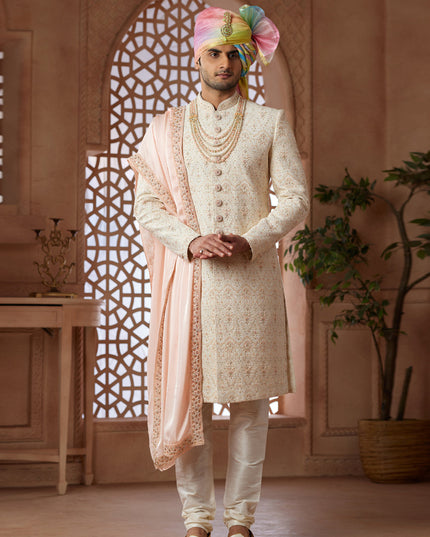 Cream Heavy Wedding Wear Designer Sherwani