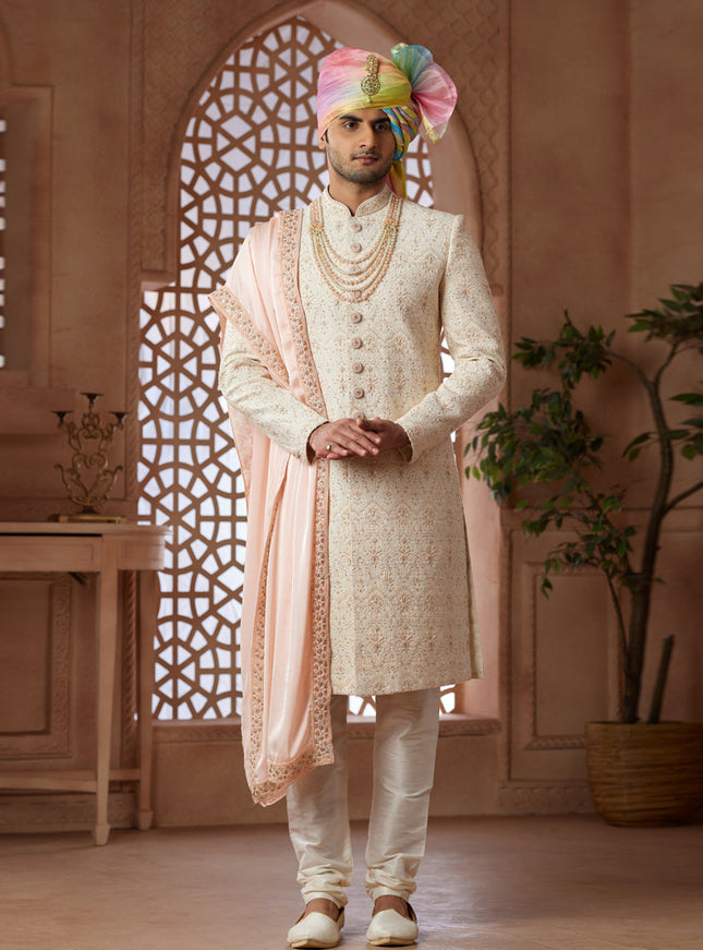Cream Heavy Wedding Wear Designer Sherwani