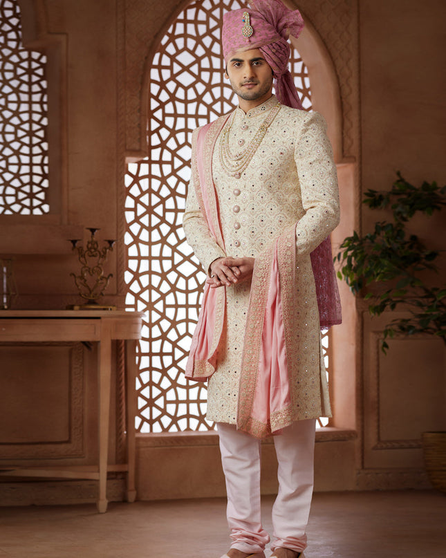 Cream Heavy Wedding Wear Designer Sherwani
