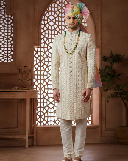 Cream Heavy Wedding Wear Designer Sherwani