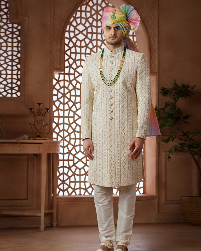 Cream Heavy Wedding Wear Designer Sherwani