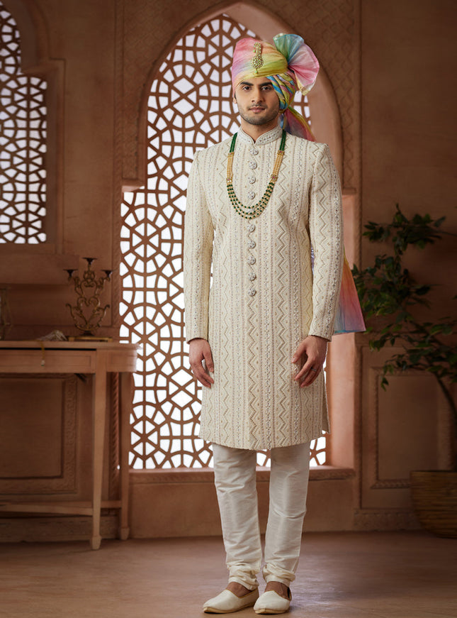 Cream Heavy Wedding Wear Designer Sherwani
