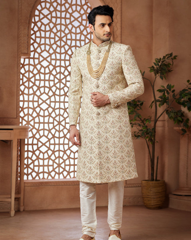 Cream Heavy Wedding Wear Designer Sherwani