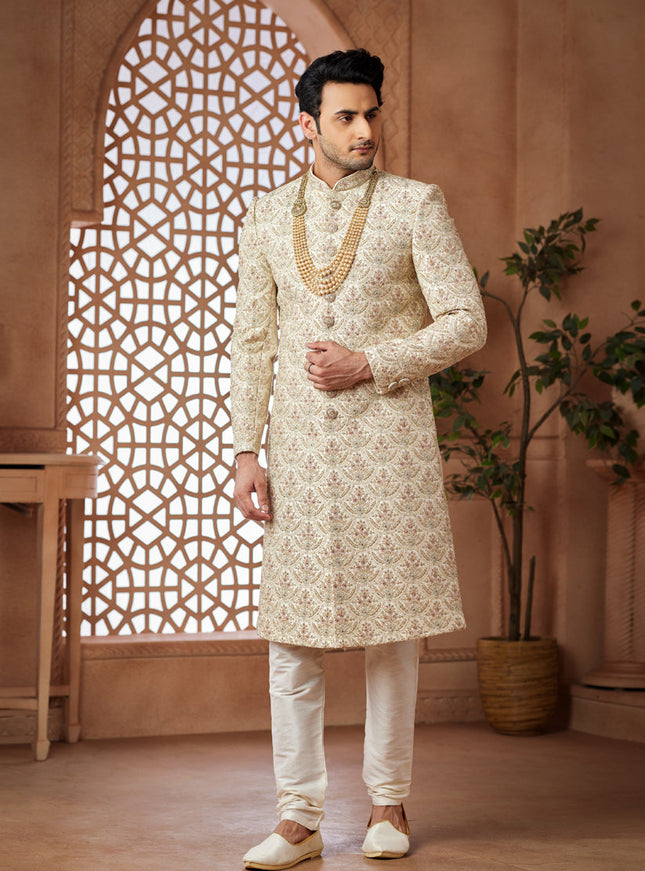 Cream Heavy Wedding Wear Designer Sherwani