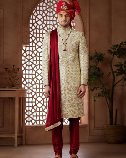 Cream Heavy Wedding Wear Designer Sherwani