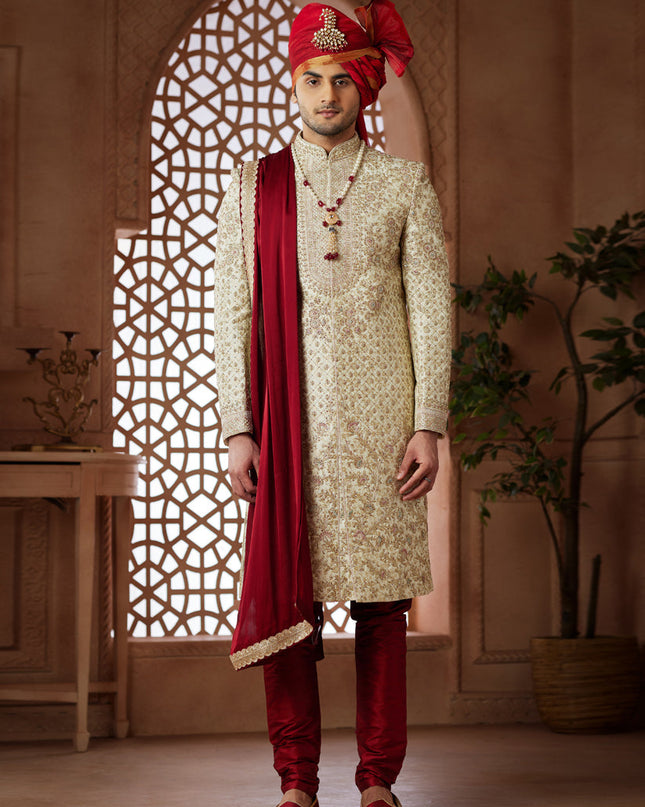 Cream Heavy Wedding Wear Designer Sherwani