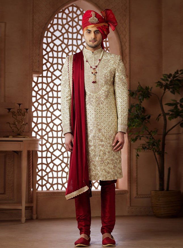 Cream Heavy Wedding Wear Designer Sherwani
