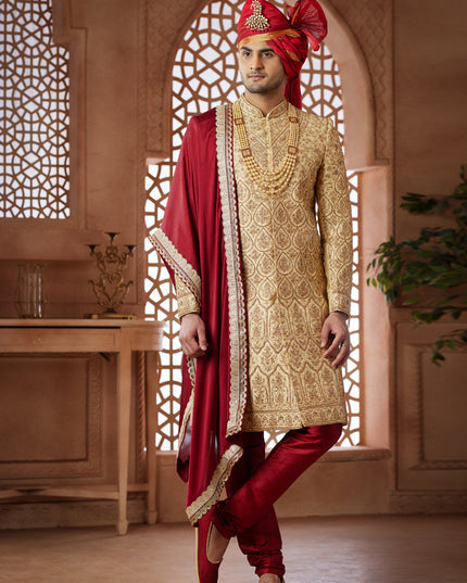 Beige Heavy Wedding Wear Designer Sherwani
