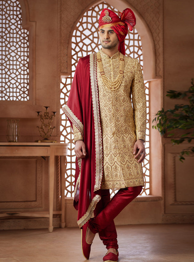 Beige Heavy Wedding Wear Designer Sherwani