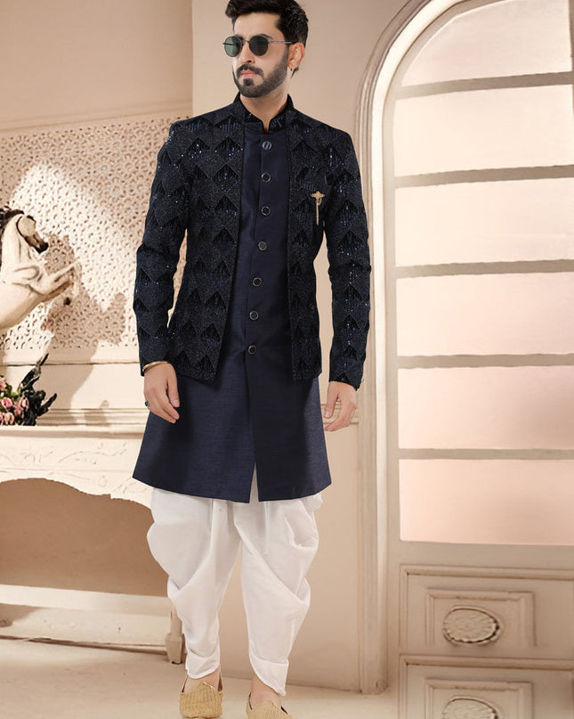 Navy Blue Designer Semi Indo Western