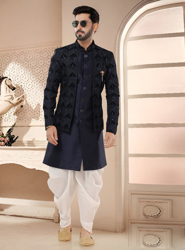 Navy Blue Designer Semi Indo Western