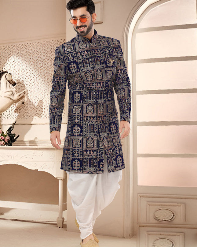 Navy Blue Designer Semi Indo Western