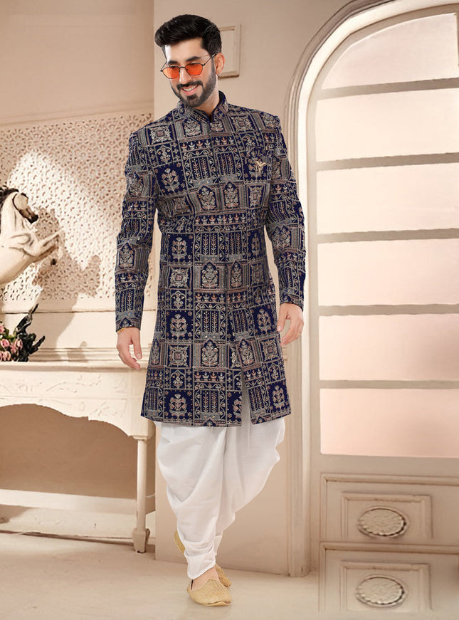 Navy Blue Designer Semi Indo Western