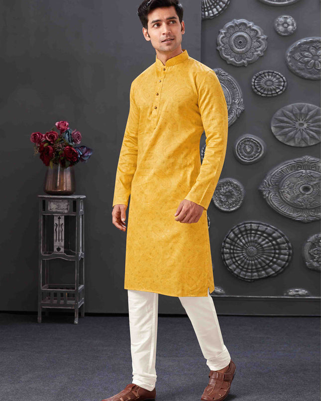 Yellow Polyester Printed Kurta Pajama Set