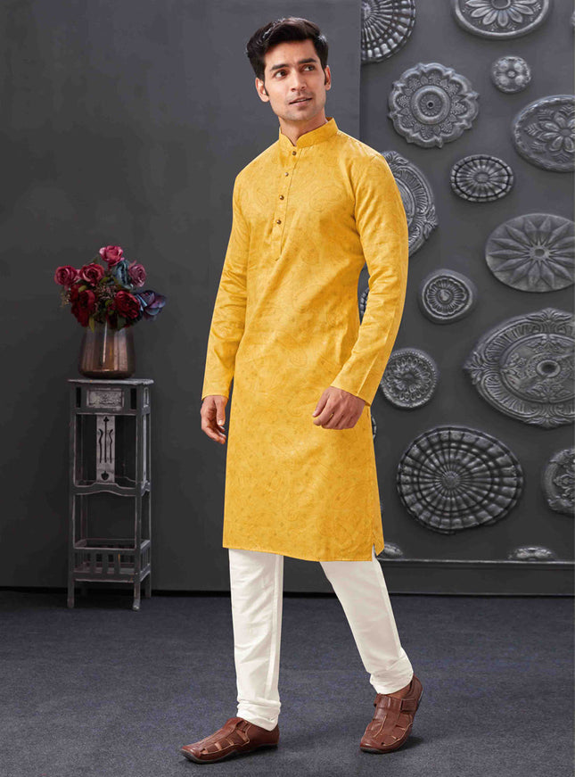 Yellow Polyester Printed Kurta Pajama Set
