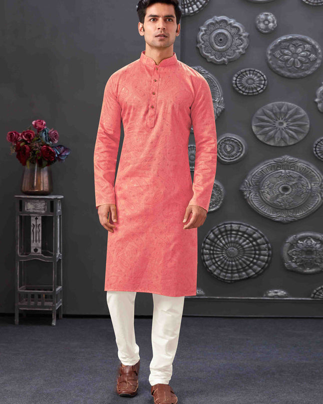 Salmon Pink Polyester Printed Kurta Pajama Set