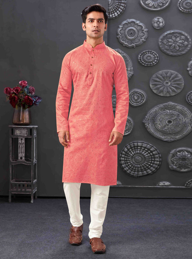 Salmon Pink Polyester Printed Kurta Pajama Set