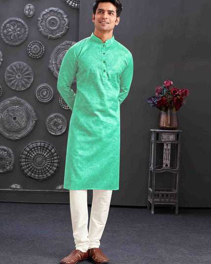Sea Green Polyester Printed Kurta Pajama Set