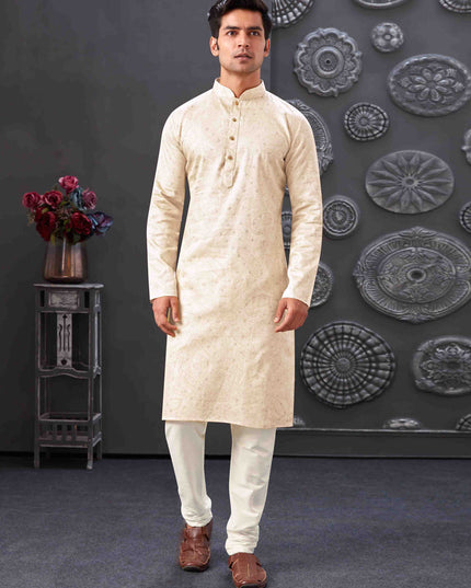 Off White Polyester Printed Kurta Pajama Set