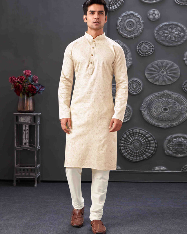 Off White Polyester Printed Kurta Pajama Set